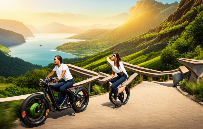 An image showcasing a rider cruising along a scenic coastal road, surrounded by breathtaking mountains and vibrant greenery