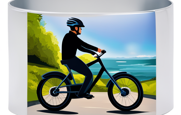 An image showcasing a person wearing a helmet, confidently riding an electric bike on a scenic trail