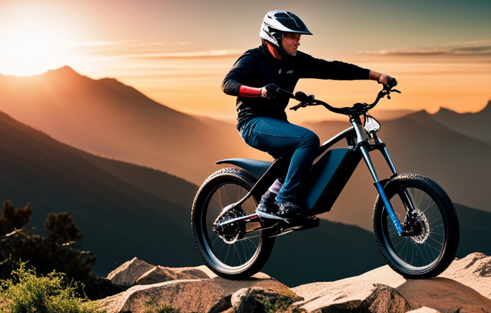 An image of a fearless rider effortlessly maneuvering a colossal electric bike up a steep mountain trail, surrounded by breathtaking scenery
