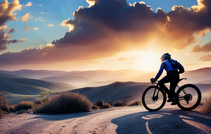 An image capturing the exhilarating moment of a rider conquering a rocky gravel path, leaning into a sweeping turn, with the sun casting long shadows and dust clouds billowing behind them
