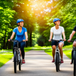 An image showcasing a beginner rider confidently pedaling an electric bike on a scenic bike path, surrounded by lush green trees, with an instructor nearby offering guidance and support