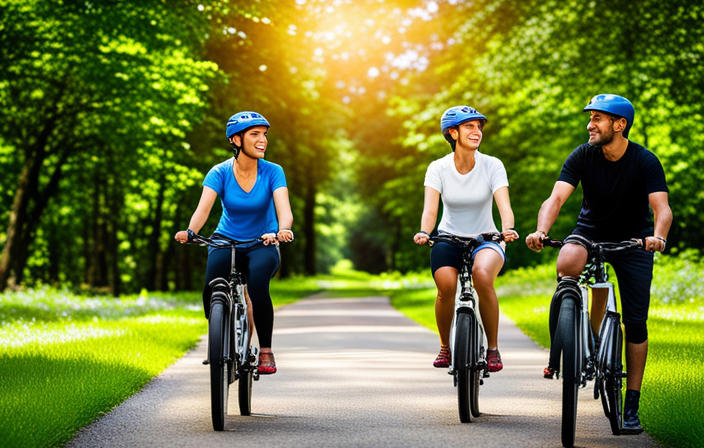 An image showcasing a beginner rider confidently pedaling an electric bike on a scenic bike path, surrounded by lush green trees, with an instructor nearby offering guidance and support