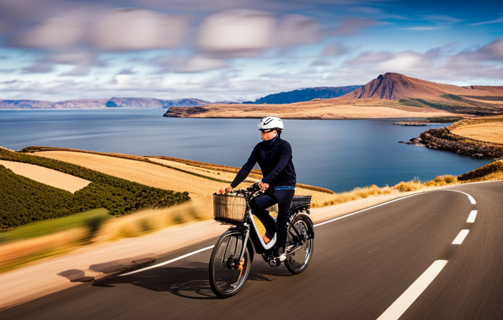 An image of a person wearing a helmet, confidently riding an electric bike on a scenic UK coastal road