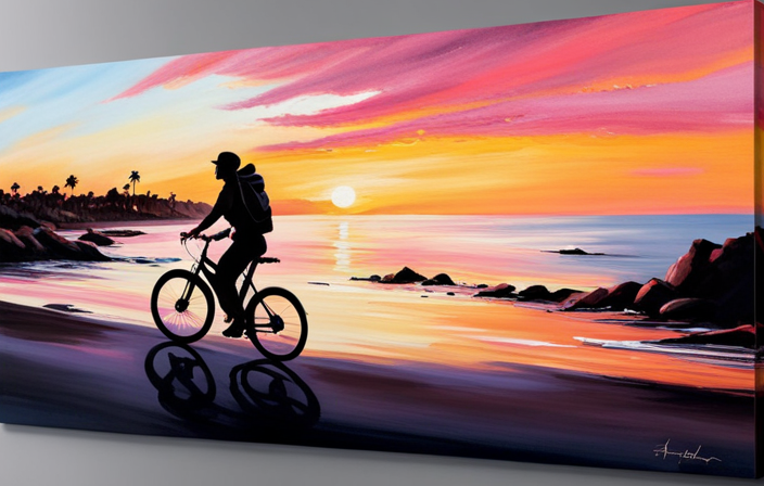 An image capturing the exhilarating moment of an individual effortlessly gliding down a scenic coastal road on an electric bike, with the wind gently tousling their hair and a vibrant sunset painting the sky in shades of orange and pink
