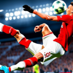 An image displaying a virtual soccer player gracefully suspended in mid-air, executing a perfect bicycle kick, with focused determination on their face, capturing the excitement and technique of scoring in FIFA 23