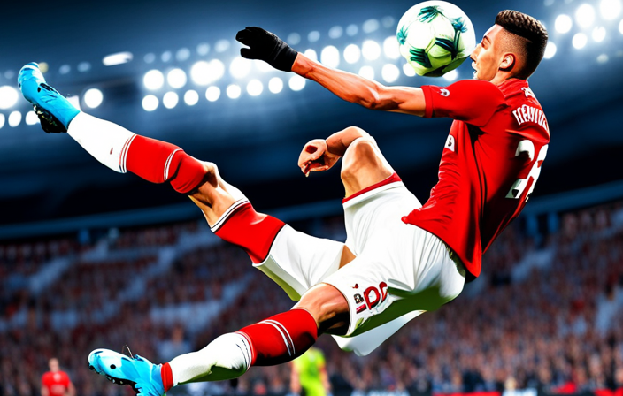 An image displaying a virtual soccer player gracefully suspended in mid-air, executing a perfect bicycle kick, with focused determination on their face, capturing the excitement and technique of scoring in FIFA 23