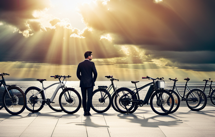 An image showcasing a person standing in front of a diverse selection of electric bikes, carefully comparing their features