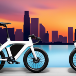 An image showcasing a person effortlessly unfolding an electric folding bike against a vibrant cityscape backdrop