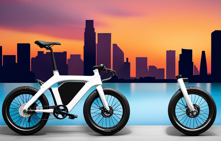 An image showcasing a person effortlessly unfolding an electric folding bike against a vibrant cityscape backdrop