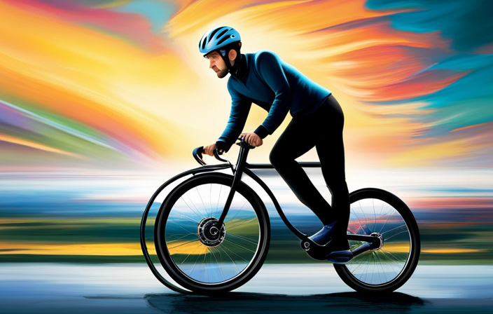 An image capturing a cyclist riding an electric bike, with a dynamo wheel installed