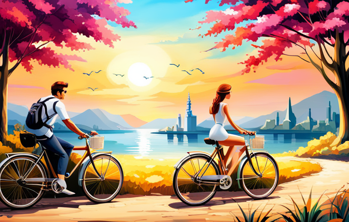 An image showcasing a sunny outdoor scene with a person confidently demonstrating the features of a sleek, well-maintained bicycle to a potential buyer, emphasizing its sturdy frame, smooth gears, and responsive brakes