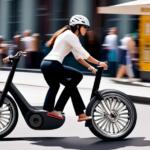 An image of a person confidently riding an electric bike on a sunny city street, effortlessly gliding past a bustling farmers market, catching the attention of onlookers who are intrigued by the bike's sleek design and eco-friendly nature