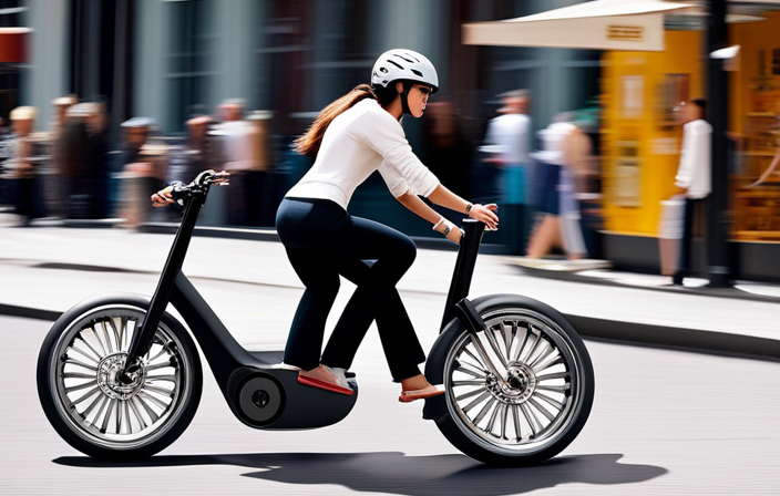 An image of a person confidently riding an electric bike on a sunny city street, effortlessly gliding past a bustling farmers market, catching the attention of onlookers who are intrigued by the bike's sleek design and eco-friendly nature