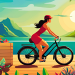 Nt image showcasing a person effortlessly loading an electric bike onto a sturdy wooden crate, carefully sealing it and affixing a "Hawaii" label, surrounded by tropical flowers and palm trees