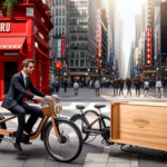 An image capturing the intricate process of securely packaging a sleek, three-wheel electric bike in a sturdy wooden crate