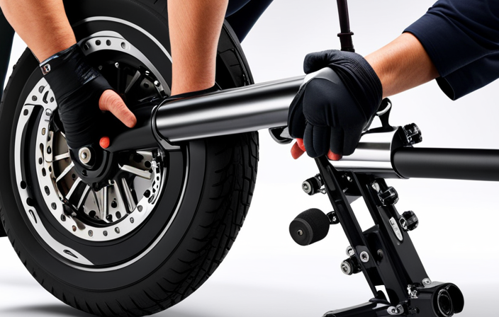 An image showcasing a skilled mechanic, wearing gloves and using a wrench to remove the rear wheel of an electric bike