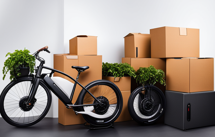 An image showcasing a sturdy cardboard box, securely strapped with bubble wrap, ready to ship an electric bike