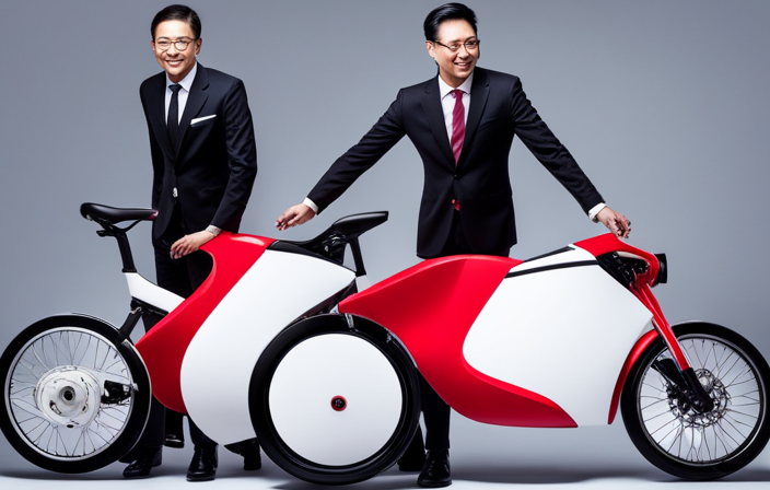 An image showcasing a person standing beside a sleek, vibrant red Chinese electric bike with streamlined design, capturing the moment as they confidently press the start button, igniting the bike's powerful electric motor
