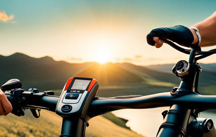 An image showcasing a close-up of a person's hands firmly gripping the handlebars of an electric bike, with their thumb pressing the power button