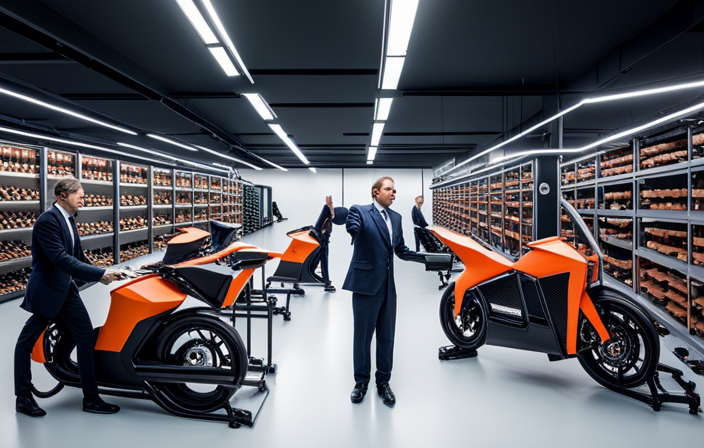 An image showcasing a bustling factory floor filled with workers assembling cutting-edge electric bikes, while shelves brim with sleek components, test tracks hum with activity, and a visionary entrepreneur oversees the operations
