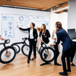 An image showcasing a diverse group of entrepreneurs brainstorming while surrounded by sketches of sleek electric bike designs, a whiteboard filled with technical specifications, and a bustling workshop in the background