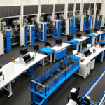 An image showcasing a spacious factory floor with a diverse assembly line of electric bike frames being meticulously welded, painted, and assembled by skilled technicians, surrounded by high-tech machinery and quality control stations