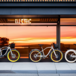An image showcasing a vibrant and modern electric bike store