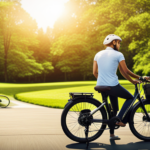 An image showcasing a sunny day: a person with a helmet adjusting the seat height of their electric bike, surrounded by a peaceful park setting with lush green trees, a winding path, and a charging station in the background