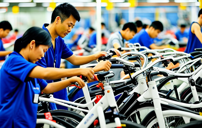 An image showcasing a bustling Chinese factory floor with workers assembling sleek electric bikes