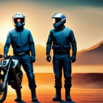 An image showcasing a person wearing protective gear, standing next to a sleek electric dirt bike