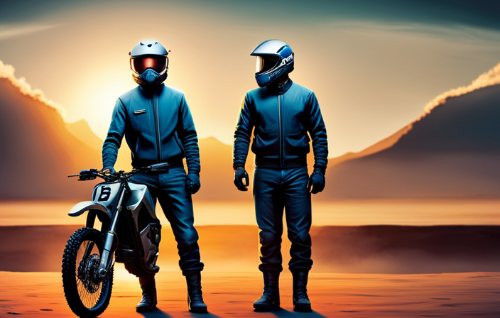 An image showcasing a person wearing protective gear, standing next to a sleek electric dirt bike