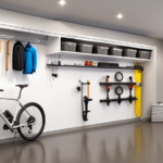An image showcasing a neatly organized garage with a wall-mounted bike rack specifically designed for electric bikes