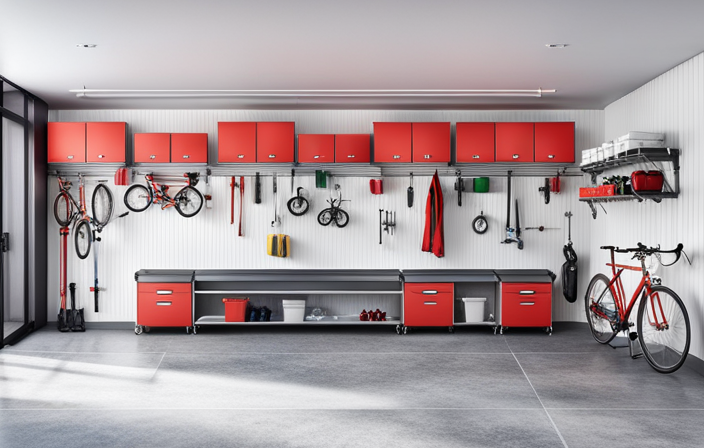 An image showcasing a well-organized garage with neatly hung bike trailers