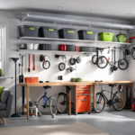 An image showcasing a well-lit garage with a neatly organized wall-mounted rack system holding electric bikes
