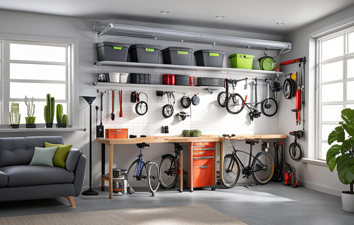 An image showcasing a well-lit garage with a neatly organized wall-mounted rack system holding electric bikes