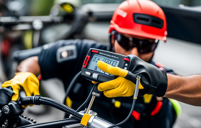An image showcasing a person wearing safety gloves and holding a multimeter, meticulously measuring the voltage output of a 24v controller on an electric bike