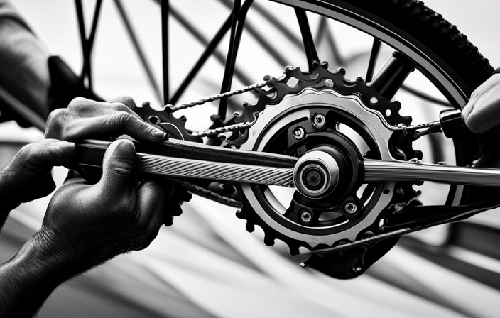 An image showcasing a close-up of hands gripping a wrench, precisely adjusting the tension of a bicycle chain