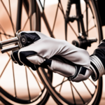 An image capturing a close-up of a cyclist's gloved hand gripping a pedal wrench, positioned at a right angle on a bicycle pedal