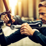 An image showcasing a close-up of an electric bike brake lever being adjusted with a wrench, revealing the intricate mechanics and tight grip needed for efficient braking