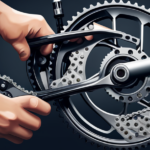 An image displaying a close-up shot of a mechanic's hand holding a wrench, effortlessly adjusting the tension of an electric bike's chain, with clear visibility of the chain's links and the surrounding bike components