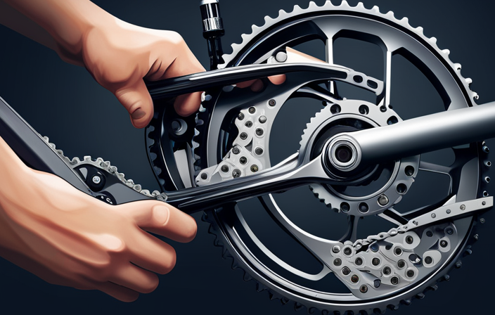 An image displaying a close-up shot of a mechanic's hand holding a wrench, effortlessly adjusting the tension of an electric bike's chain, with clear visibility of the chain's links and the surrounding bike components