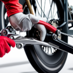 An image showcasing a close-up shot of a gloved hand gripping an adjustable wrench, firmly turning the brake cable tension screw on an electric bike, emphasizing the process of tightening the brakes