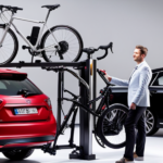 An image showcasing a sturdy bike rack attached to the rear of a car, with an electric bike securely fastened
