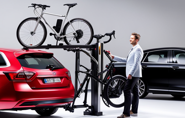 An image showcasing a sturdy bike rack attached to the rear of a car, with an electric bike securely fastened