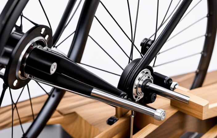 An image capturing the intricate process of truing a bicycle wheel: a skilled mechanic delicately adjusting spoke tension, a precision wheel truing stand, and the subtle alignment of the rim against the caliper