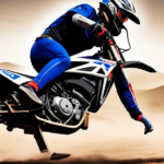 An image showcasing a dirt bike's electrical system: a hand flipping the ignition switch from "off" to "on," while another hand simultaneously presses the horn button, capturing the moment the bike's engine starts and the horn blares