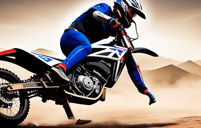An image showcasing a dirt bike's electrical system: a hand flipping the ignition switch from "off" to "on," while another hand simultaneously presses the horn button, capturing the moment the bike's engine starts and the horn blares