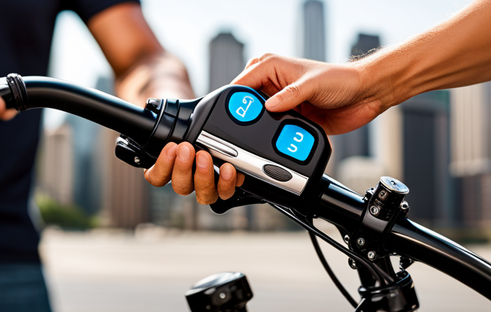An image showcasing a close-up of a hand reaching for the sleek, black power button on a Pedego Electric Bike's handlebar