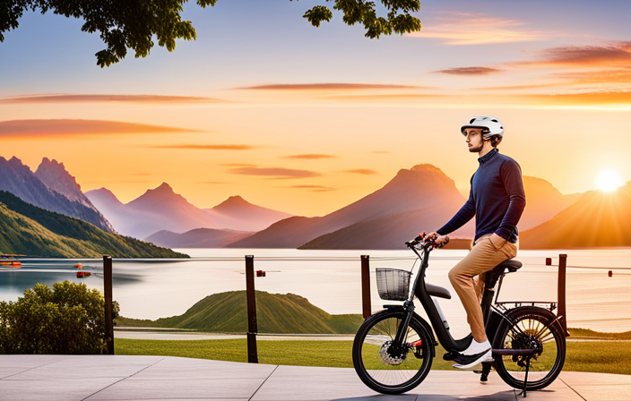 An image showcasing a person wearing a helmet, mounting their Ancheer Electric Bike, firmly holding the handlebars, effortlessly flipping the power switch, and confidently gliding away amidst a scenic backdrop