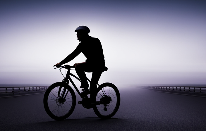 An image that depicts a person wearing a helmet, effortlessly flipping a switch on the handlebar of an electric bike, as a bright beam of light illuminates the road ahead, casting a warm glow onto the surroundings